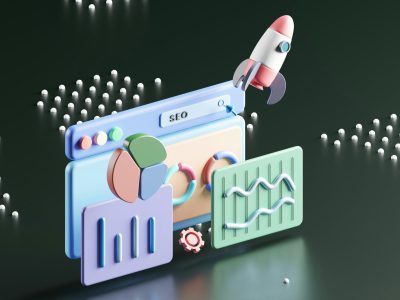 3D illustration of SEO and analytics with charts, graphs, and a rocket launching.